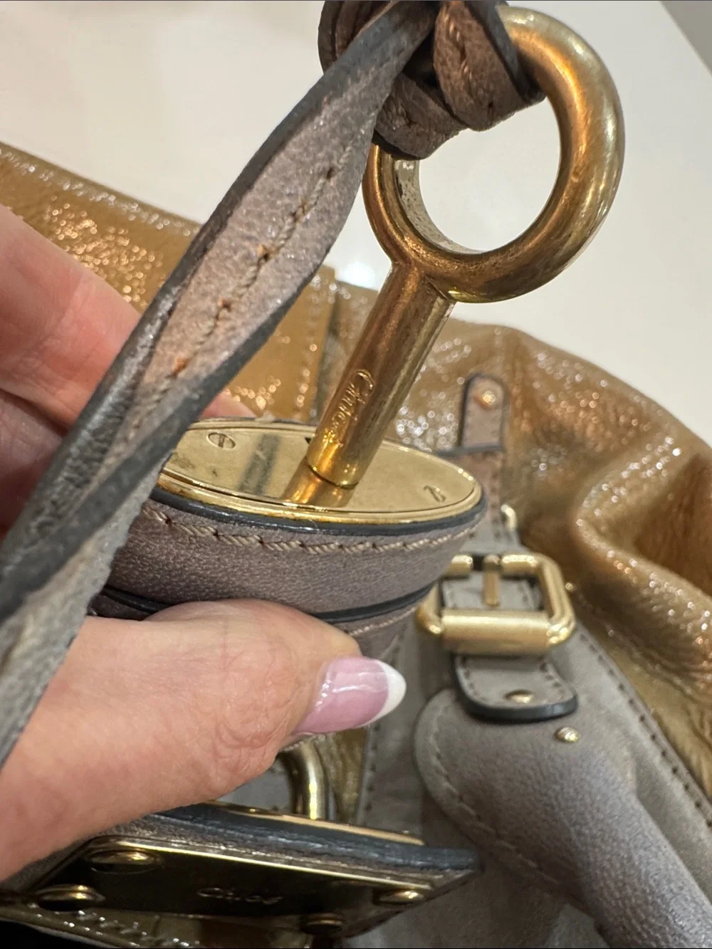 Chloe Olive and Taupe Patent Leather Satchel